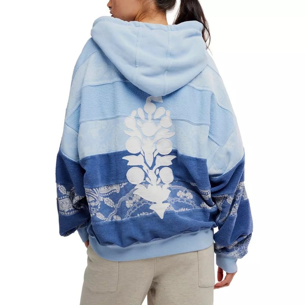 FP MOVEMENT Free People Final Call Bandana Logo Hoodie, Blue Combo, M, NWT, $168